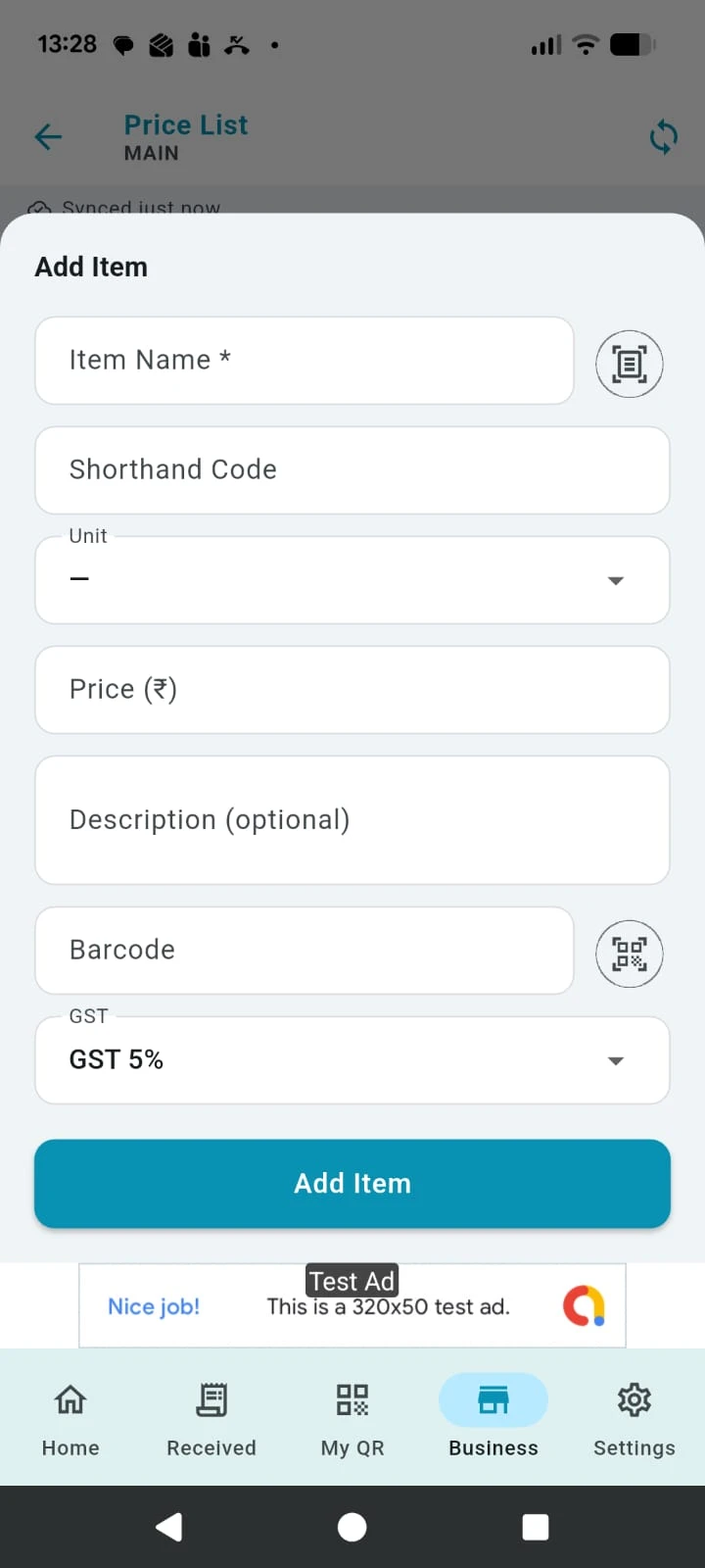 Add item price screen